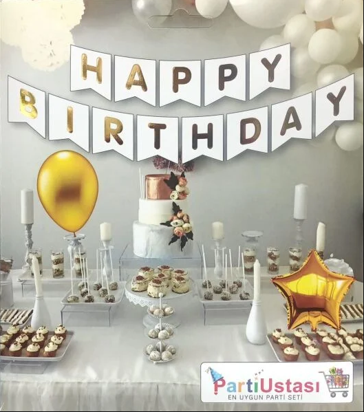 Happy Birthday Beyaz Gold Banner